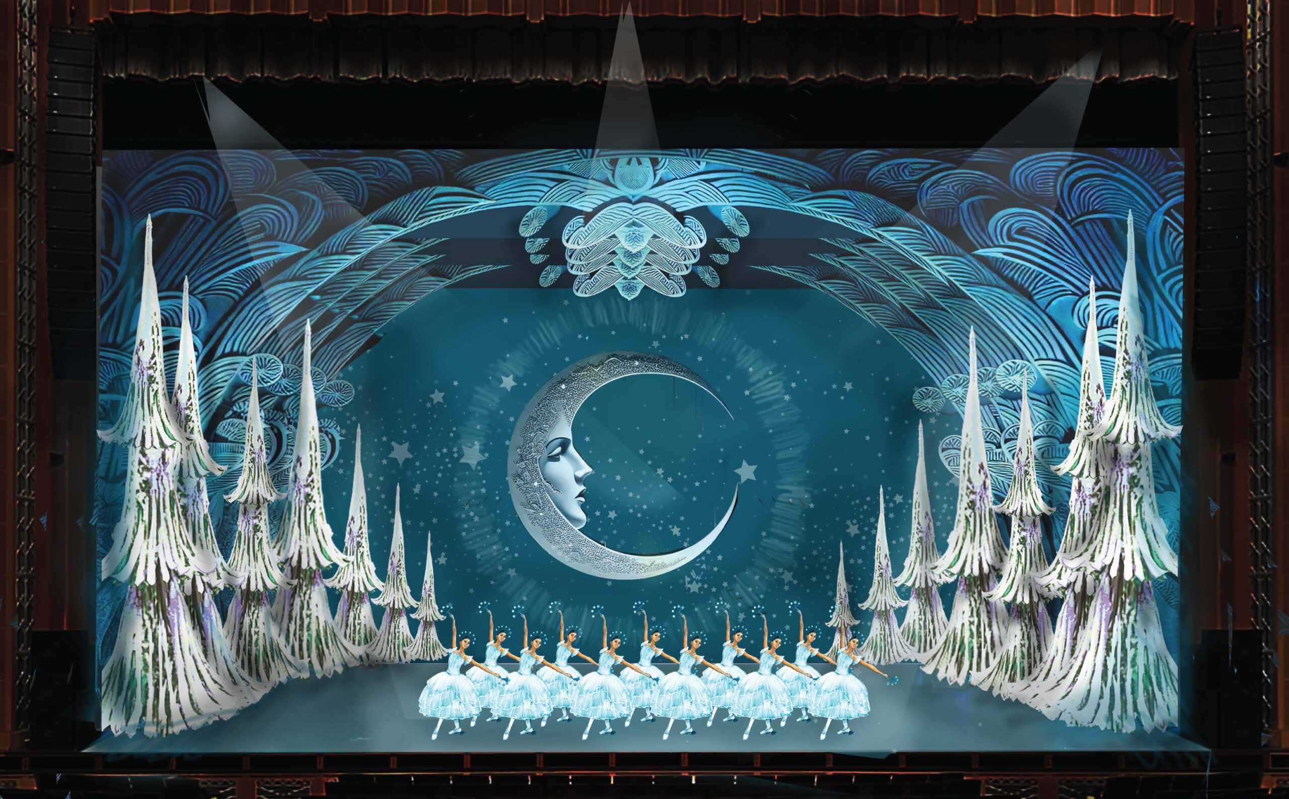 A colored design sketch of The Nutcracker's Snow Scene shows 11 staggered dancers in white long tutus center stage in plié on the right leg with their left legs in tondu front on a left diagonal. Their right arms are straight above their heads while they look to the right towards their left arms which are extended in a low V. Seven snow-dusted pine trees are aligned on either side of them against a blue backdrop picturing a silver moon.