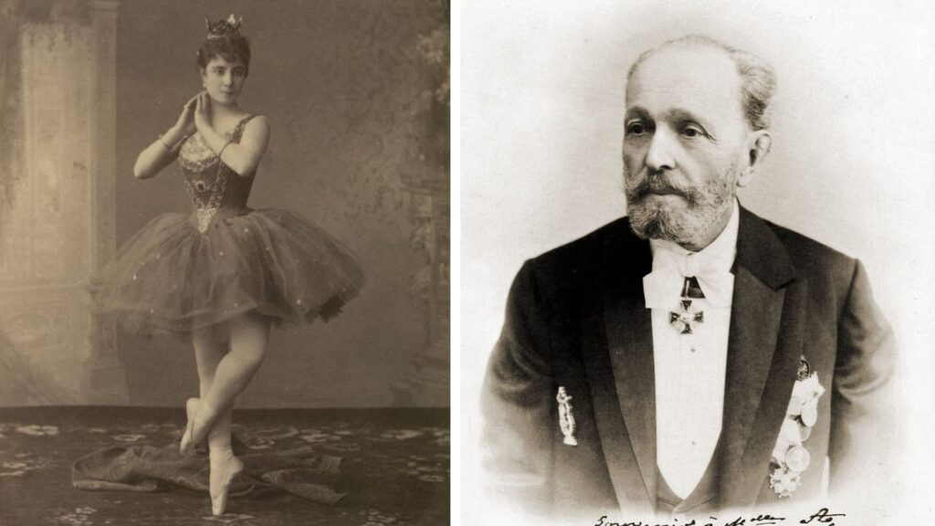 A side-by-side collage of two black and white historical photos. On the right, a ballerina in a dark, knee-length tutu poses in sur le cou de pied devant on pointe, with her hands clasped by her right cheek. The portrait on the right shows a bearded older man wearing a three piece suit decorated with medals.