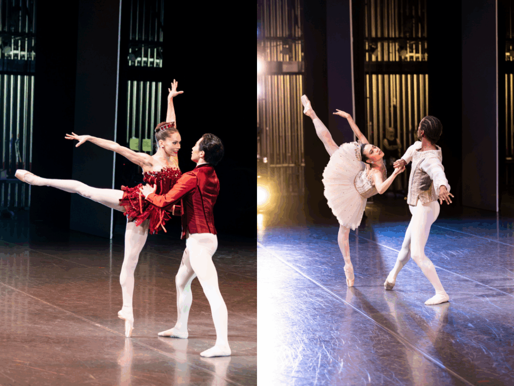 Two photos side-by-side. On the left, two dancers perform a pas de deux in deep red costumes. One dancer stands in arabesque on pointe with high arms while her partner supports her with his hands on her waist, facing her. On the right, two dancers perform a more classical pas de deux, with one partner in arabesque penché en pointe. She holds her partner's hand, and he lunges away to counterbalance. They wear white costumes.