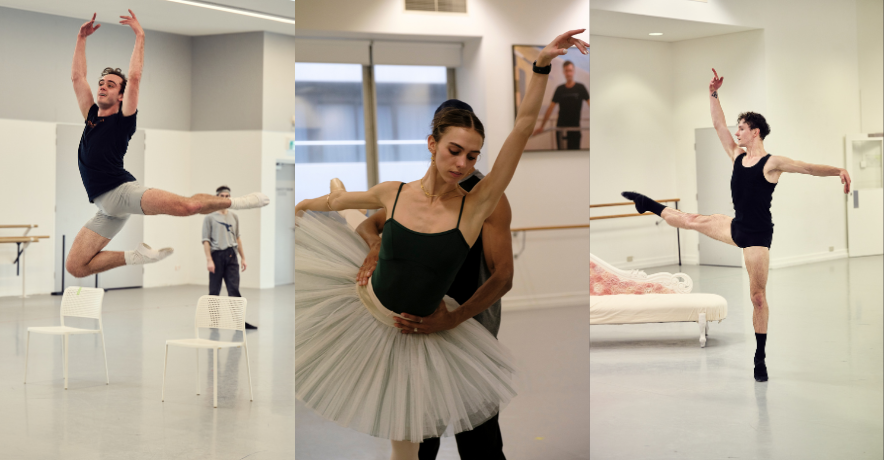 Three photos of dancers in rehearsal, shown side-by-side. On the left, a dancer jumps with one leg in attitude derriere and the other tucked under, with arms in high fifth. In the middle, one dancer stands in arabesque as her partner supports her from behind. On the right, a dancer balances on relève with the other leg extended a la seconde. His arms are in high third.