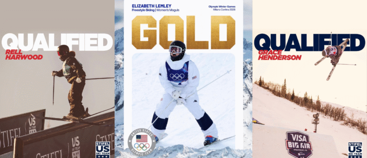 A collage of three photos show Olympic skiiers Rell Harwood, Elizabeth Lemley, and Grace Henderson. They each wear ski gear and are skiing their individual events.