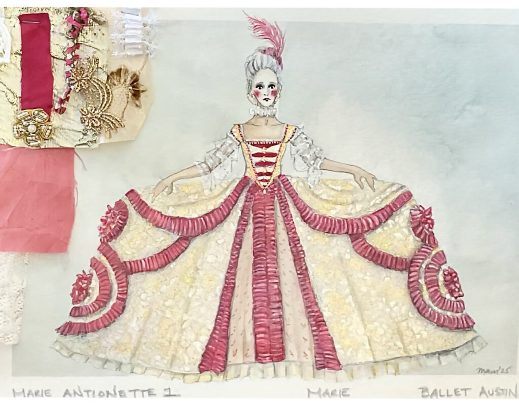 A costume sketch showing Marie Antoinette in a gown with a very wide hoop skirt made from cream- and pink-colored fabric. The detailing is ornate, and she wears a large pink feather in her tall white wig. Scraps of fabric samples are pinned to the top left corner of the page. 