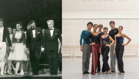 A collage of two photos. The one on the left shows a black and white image of two dancers taking a bow alongside two men in suits. The one on the right shows a group of dance students pose in a studio wearing multicolored dance-wear.
