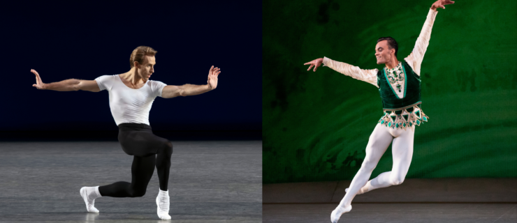 Two photos side-by-side. On the left, Adrian Danchig-Waring does a deep lunge forward in croisé, his arms stretched straight to either side with his palms flexed. He wears a white shirt, black tights, and white socks and ballet shoes. On the right, Taylor Stanley jumps with one leg straight and the other in cou de pied devant, their arms floating up in a high "V" as they lean slightly to the right. They wear an emerald tunic with white sleeves, and white tights and ballet shoes.