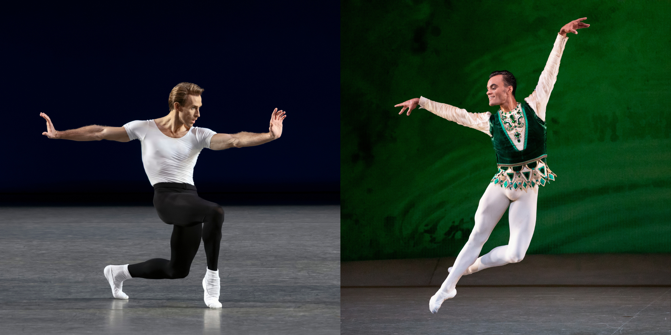 Two photos side-by-side. On the left, Adrian Danchig-Waring does a deep lunge forward in croisé, his arms stretched straight to either side with his palms flexed. He wears a white shirt, black tights, and white socks and ballet shoes. On the right, Taylor Stanley jumps with one leg straight and the other in cou de pied devant, their arms floating up in a high "V" as they lean slightly to the right. They wear an emerald tunic with white sleeves, and white tights and ballet shoes.