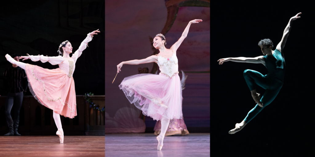 Three photos side-by-side. On the far left, Gabriela Mesa poses in piqué arabesque wearing a light pink peasant-style dress with puffy sleeves. In the middle, Mine Kusano poses in retiré on pointe, her chest wide as she brandishes a magic wand. She wears a dress with a white bodice and a pink tulle skirt. On the right, Jorge Garcia Alonso jumps in a high retiré wearing a deep teal unitard.