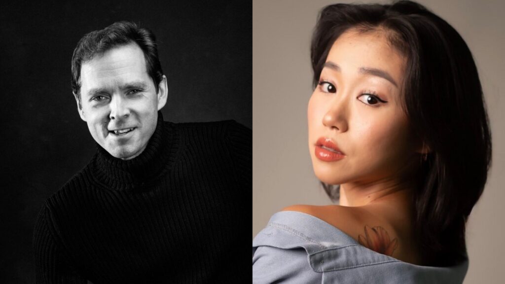 A side-by-side collage of two headshots. On the left is a black and white photo of a man in a dark turtleneck, facing directly towards the camera and smiling. On the right, a woman in a blue shirt looks over her left shoulder and looks at the camera.