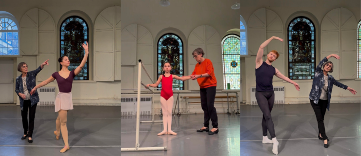 A collage of three photos. The one on the lefet shows Diana Byer teaching a young woman as she executes a tendu derriere. The middle photos shows her helping a young girl in a red leotard at the barre in first position; the photo on the right shows her next to a young male dancer as they both do a tendu devant in croisé.
