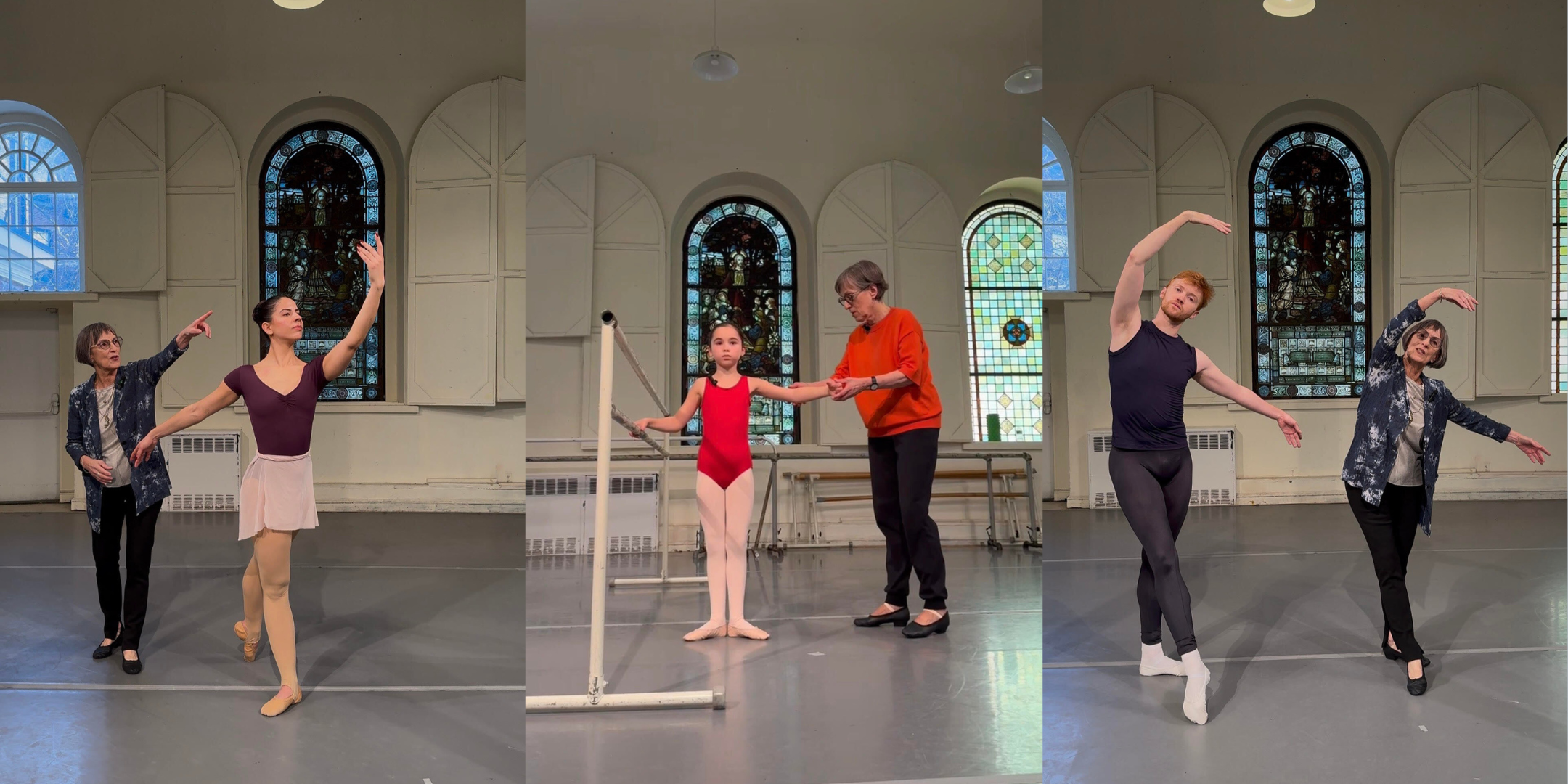 A collage of three photos. The one on the lefet shows Diana Byer teaching a young woman as she executes a tendu derriere. The middle photos shows her helping a young girl in a red leotard at the barre in first position; the photo on the right shows her next to a young male dancer as they both do a tendu devant in croisé.