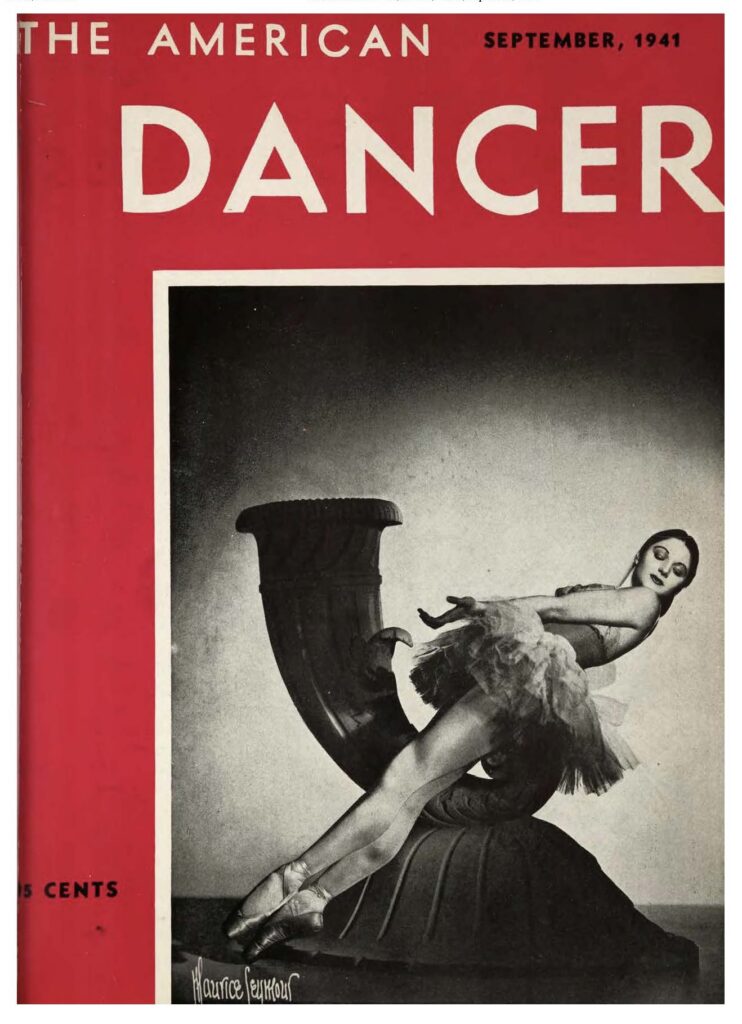A cover image of "The American Dancer" magazine from September, 1941. A black and white photo shows ballerina Marie-Jeanne in a tutu and pointe shoes, leaning her body against a large sculpture with her legs in sous-sus. She looks over her left shoulder. The photo is framed aymetrically by a red background and the words "The American Dancer" in white at the top.