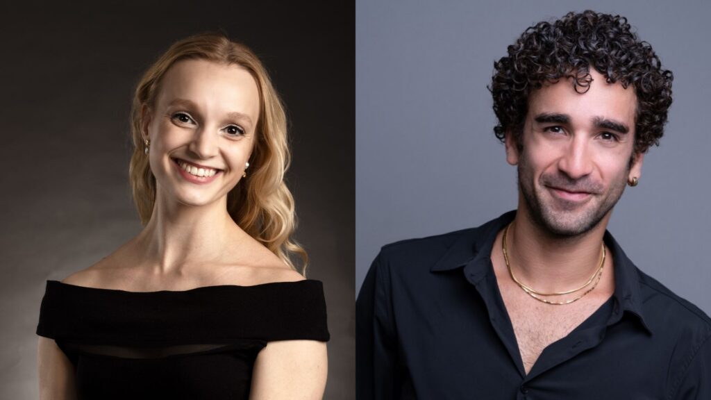 A side-by-side photo shows two headshots. The one on the left is of a woman in an off-the-shoulder black top and long blonde hair. The one on the right is of a man in a black button down shirt and curly dark hair. They both smile towards the camera.