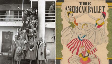 A collage of two images side-by-side. On the right, a black and white photo shows a group of men and women posing on the staircase of an ocean liner. On the right, a colorful vintage souvenir program with illustrations of four ballerinas and the words The American Ballet in black lettering along the top.