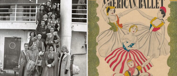 A collage of two images side-by-side. On the right, a black and white photo shows a group of men and women posing on the staircase of an ocean liner. On the right, a colorful vintage souvenir program with illustrations of four ballerinas and the words The American Ballet in black lettering along the top.