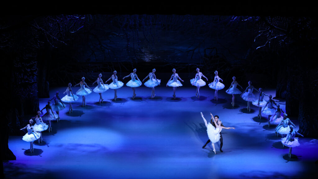Onstage in dark bluish lighting, a corps de ballet of swans create a giant semicircle around the stage as two dancers (Odette and Siegfried) perform a pas de deux downstage right.