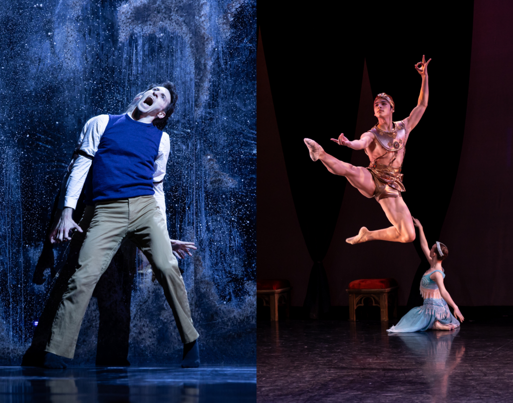 Two photos side-by-side. On the left, Garrett Glassman leans his back against a dark, paint-splattered mirror as he tilts his head, splays and curls his fingers, and makes a screaming expression. On the right, Acaju Samael Chavez Gastelum jumps with one leg tucked and the other extended, one arm forward and the other up as he touches his middle fingers and thumbs together.