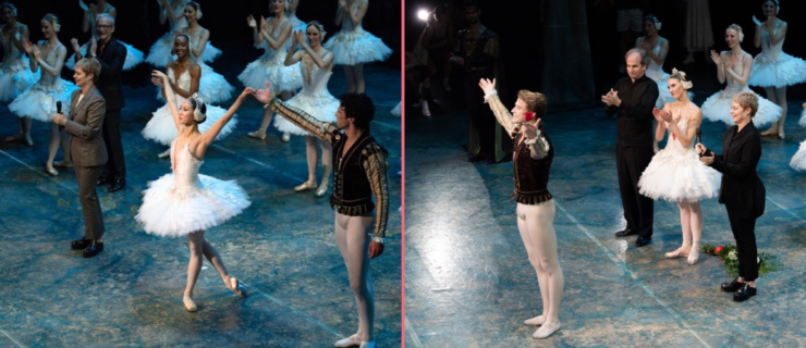 Two photos side-by-side show SunMi Park (left) and Jarod Curley (right) lifting their arms at a curtain call celebrating their promotions. Park wears a white pancake tutu with feathers and a feathered headpiece, and Curley wears white tights and a brown velvet vest over a light-colored tunic. Other dancers and applaud them from behind.