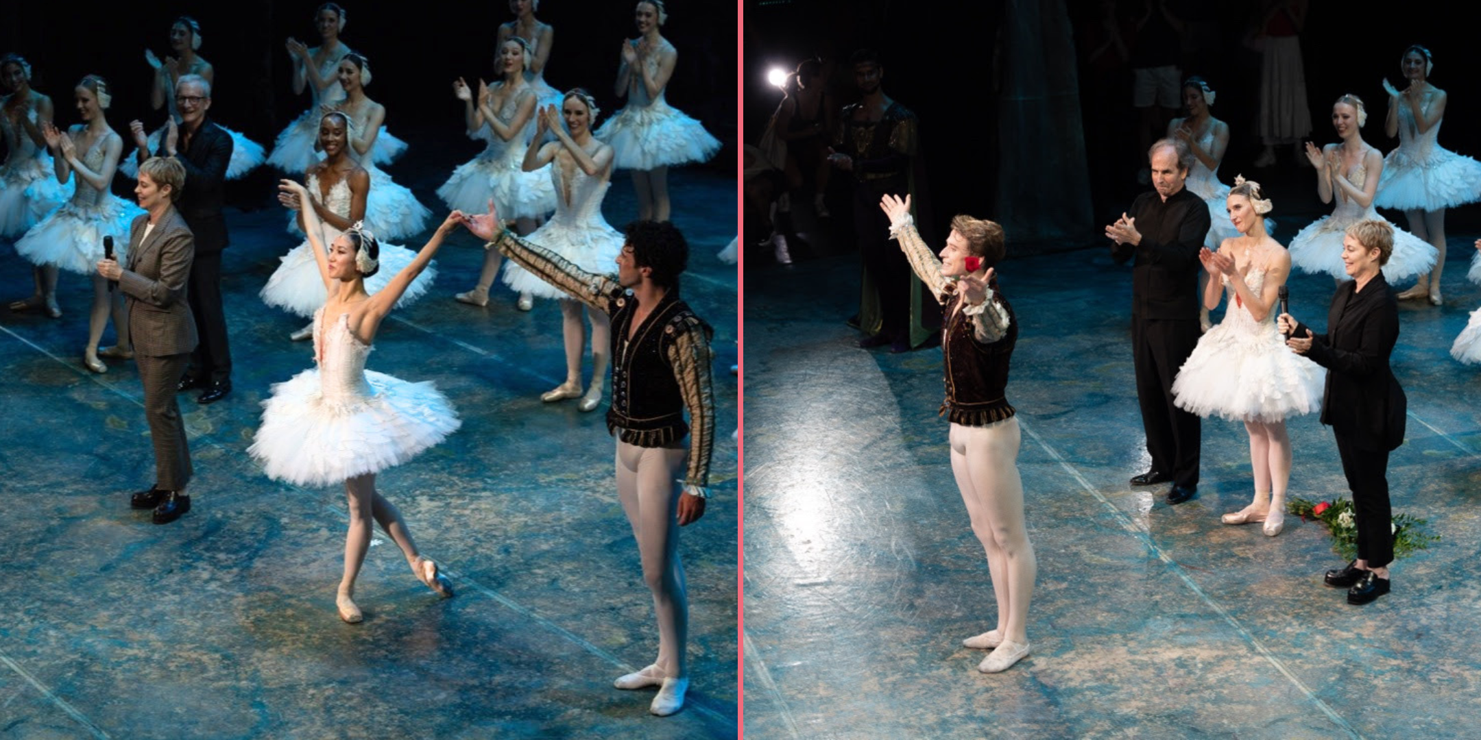 Two photos side-by-side show SunMi Park (left) and Jarod Curley (right) lifting their arms at a curtain call celebrating their promotions. Park wears a white pancake tutu with feathers and a feathered headpiece, and Curley wears white tights and a brown velvet vest over a light-colored tunic. Other dancers and applaud them from behind.