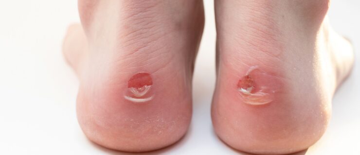 Close up on the back of someone's feet, standing on a white floor. There is a fresh blister on each heel.