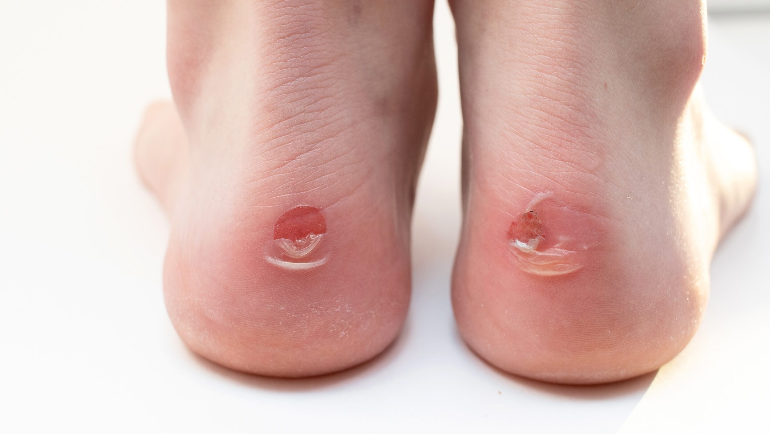 Close up on the back of someone's feet, standing on a white floor. There is a fresh blister on each heel.
