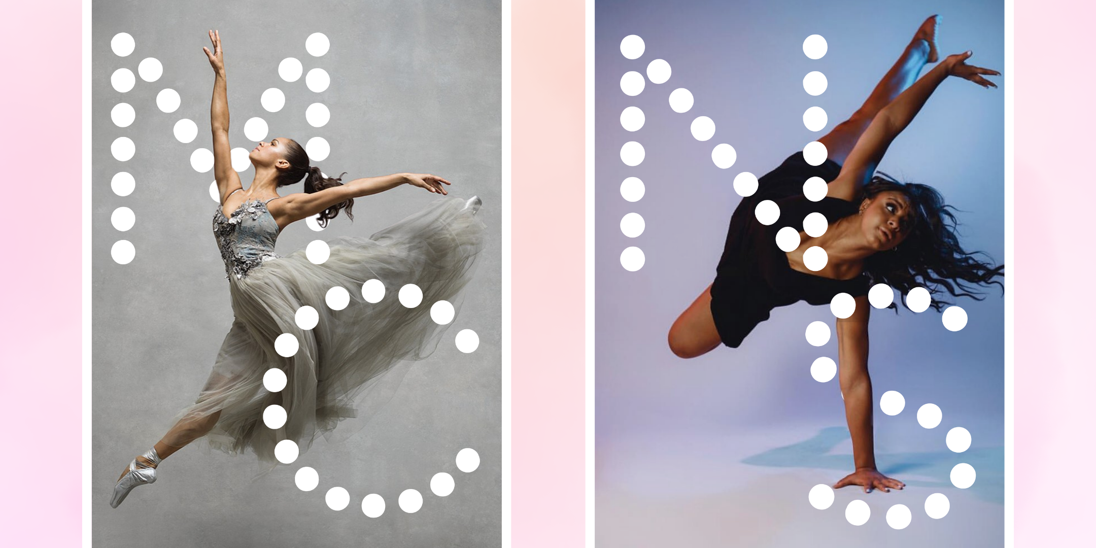 Two photos side-by-side. On the left, Misty Copeland splits her legs in a sauté with her arms in high arabesque. She wears a long, couture gray gown. On the right, Nia Sioux kicks both legs in the air (with one tucked into passé) with one arm lifted and the other reaching down to the floor, using her flat palm for support. She wears a short black dress. Their respective initials (MC and NS) partially cover each photo.