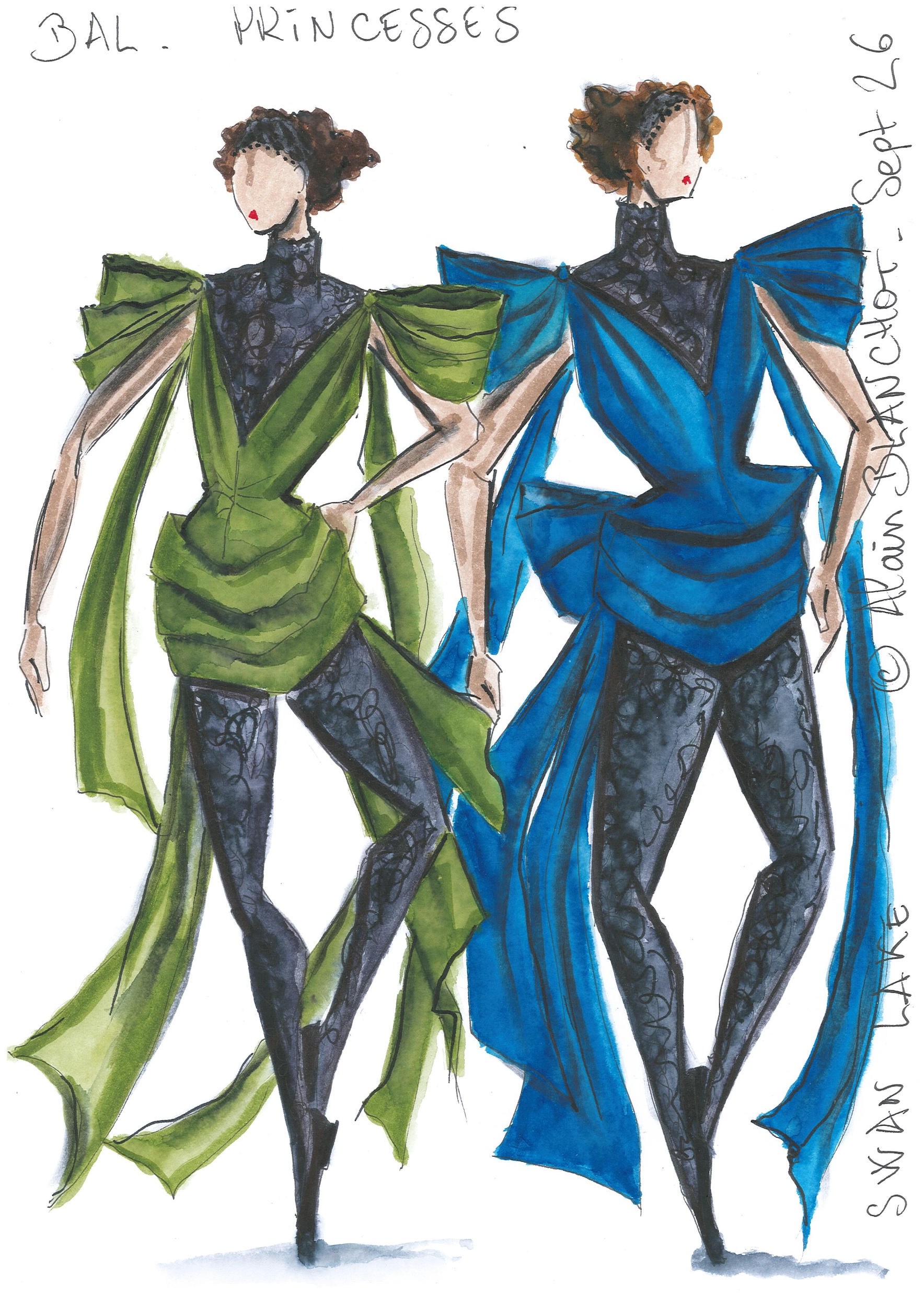 A costume sketch shows two dancers wearing short green and blue costumes, black tights.