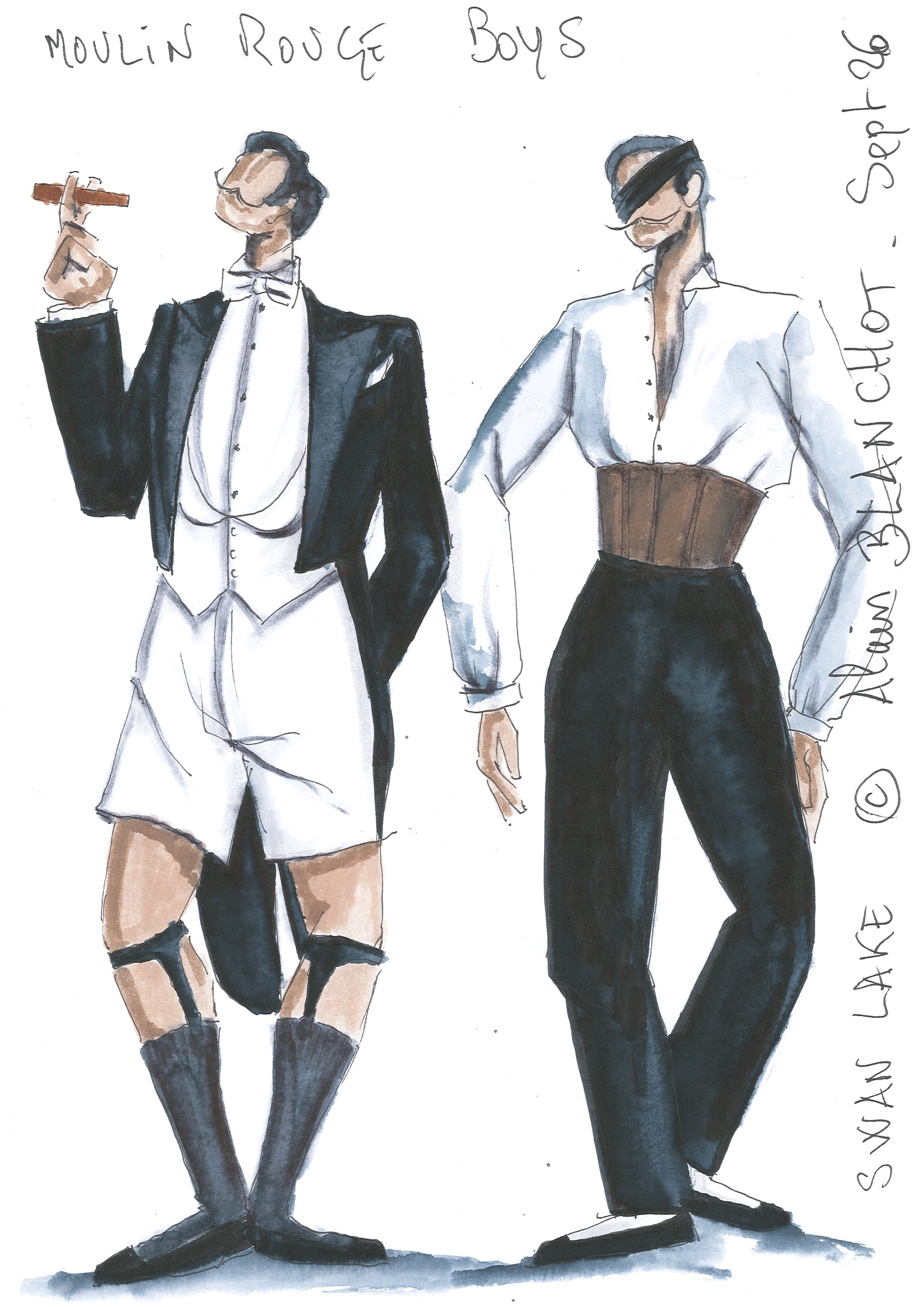 A costume sketch shows two male dancers The one on the left wears black tails and white shorts and knee-high socks, and smokes a cigar. The one on the right wears a long-sleeved white shirt and black pants with a brown cummerbund.