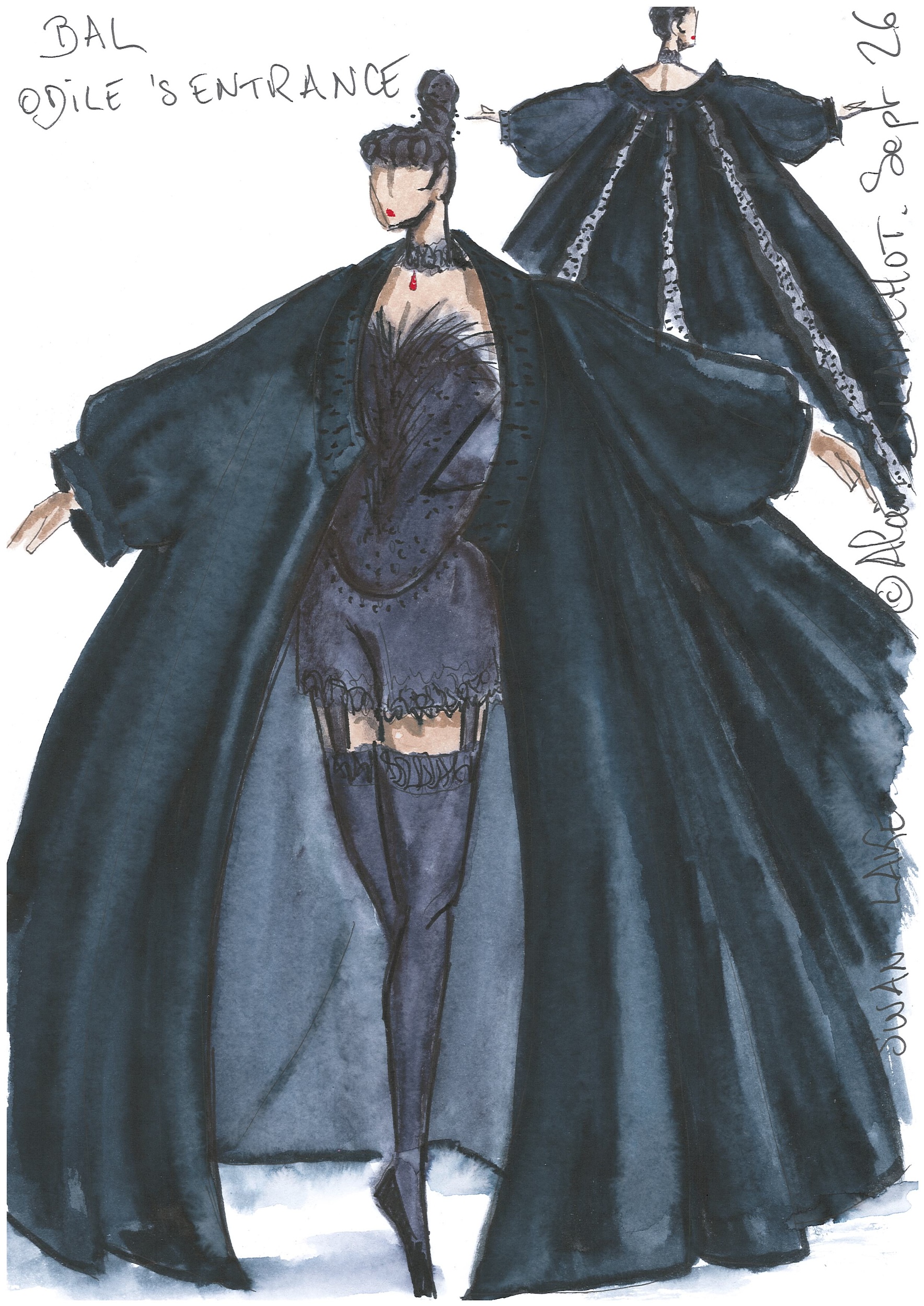 A costume sketch shows a female dancer wearing a shirt black costume and a voluminous black cape, thigh-high stockings, and a black choker necklace.