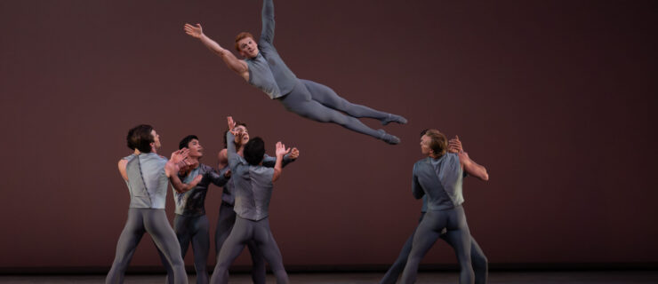 A group of eight male dancers are shown mid-lift onstage. One dancer is midair above the heads of the others, facing the audience with his legs straight and arms in a V above is head, while the rest of the dancers prepare to catch him. All wear medium grey tights and a grey two-toned top that is long-sleeved on one arm and sleeveless on the other.