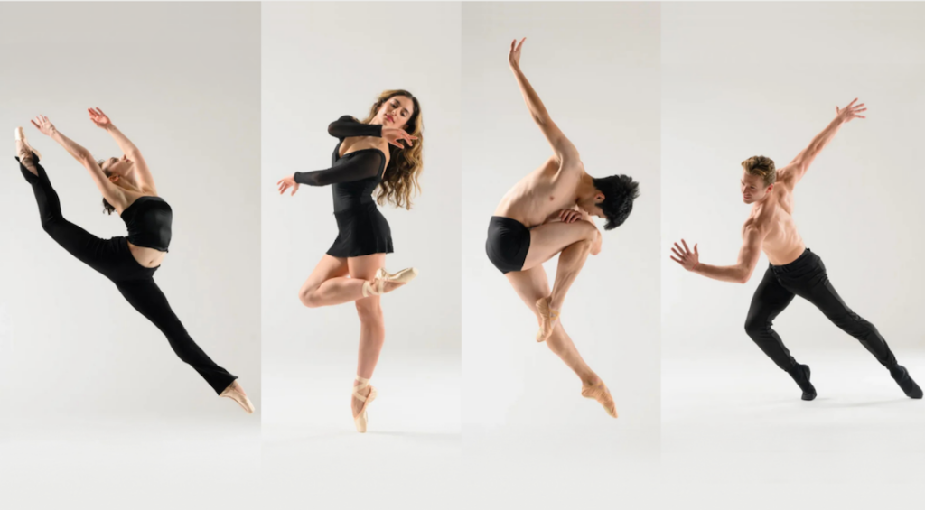 Four photos side-by-side of four different dancers posing in black dancwear. They jump, twist, and fall.