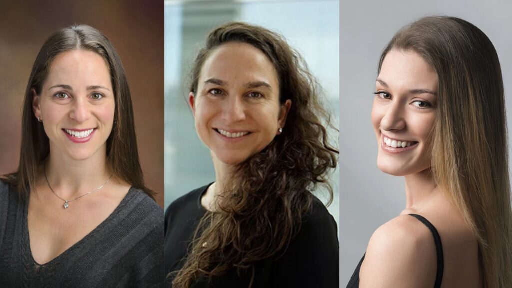 A photo collage shows side-by-side headshots of three women from the shoulders up. Each has long brown hair, worn down, and dark shirts, and smile towards the camera.