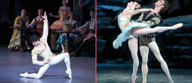 Two photos separated horizontally by a pink line. On the left, Herman Cornejo wears a white and gold Spanish-style costume as he leans back in a deep sideways lunge, his front foot in forced arch. He lifts his top arm high with a proud curve and rests his other hand on his hip as he looks down toward his back leg. Corps members sit and watch behind. On the right, James Whiteside partners Gillian Murphy, who poses in attitude derriere on pointe with swan-like arms and a dramatic arch in her back. Whiteside bends back too and points his left leg in tendu a la seconde. Murphy wears a white swan-like tutu; Whiteside wears a Renaissance-style costume with white tights and a green jacket with puffy sleeves.