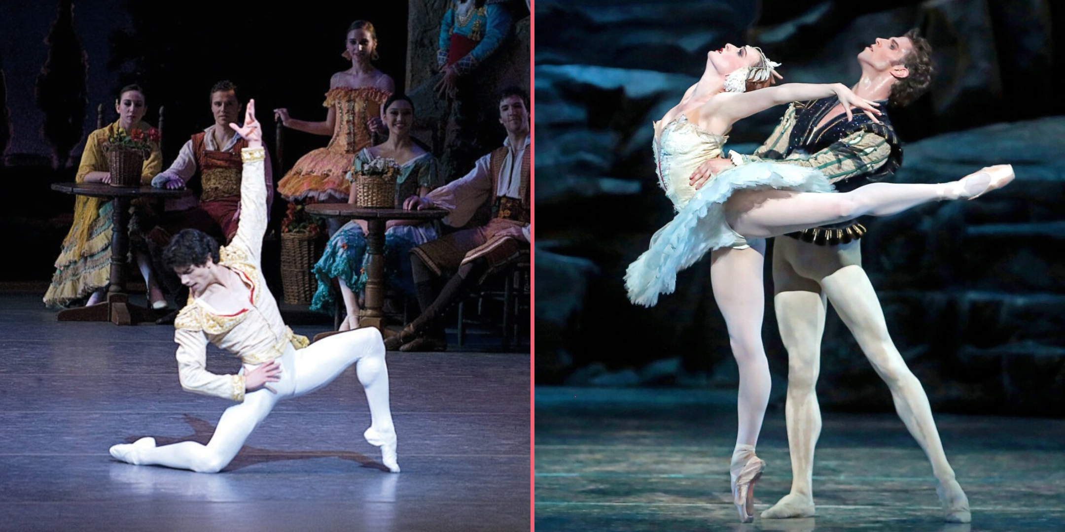 Two photos separated horizontally by a pink line. On the left, Herman Cornejo wears a white and gold Spanish-style costume as he leans back in a deep sideways lunge, his front foot in forced arch. He lifts his top arm high with a proud curve and rests his other hand on his hip as he looks down toward his back leg. Corps members sit and watch behind. On the right, James Whiteside partners Gillian Murphy, who poses in attitude derriere on pointe with swan-like arms and a dramatic arch in her back. Whiteside bends back too and points his left leg in tendu a la seconde. Murphy wears a white swan-like tutu; Whiteside wears a Renaissance-style costume with white tights and a green jacket with puffy sleeves.